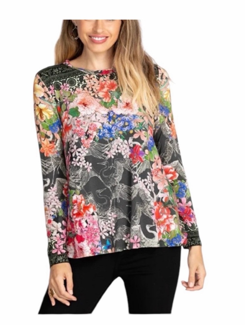 Johnny Was Black Floral Mixed-Color Long Sleeve Top